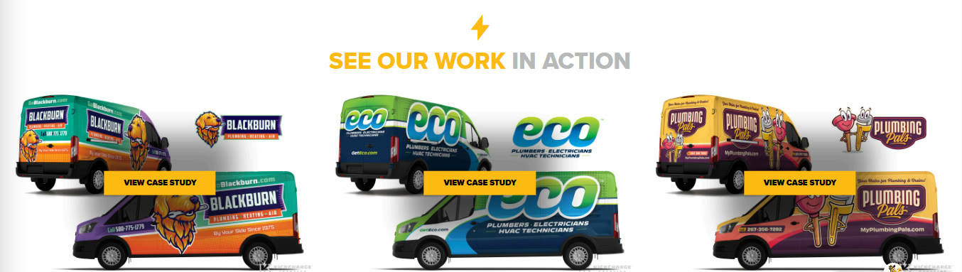 Screenshot of the KickCharge Creative work gallery headlined See Our Work In Action, showing three wrapped service vans with matching logos for Blackburn Plumbing, Heating and Air, for Eco Plumbers, Electricians and HVAC Technicians, and for Plumbing Pals, each with a View Case Study button.
