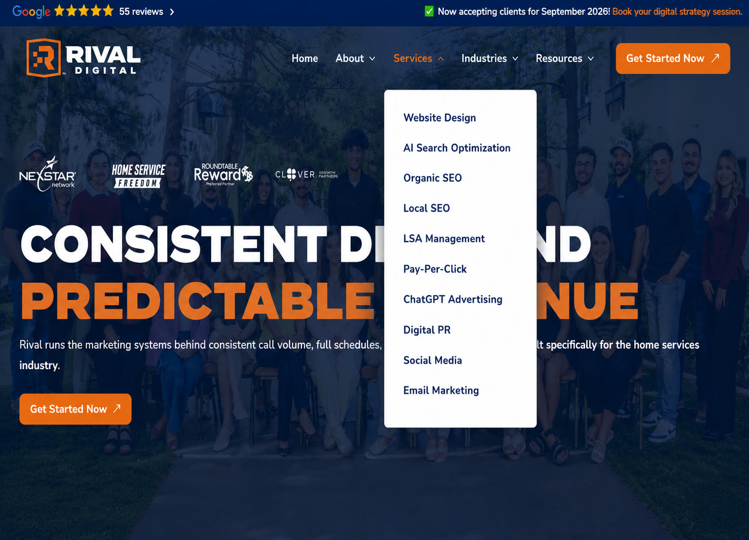 Screenshot of the Rival Digital website homepage headlined Consistent Demand, Predictable Revenue, with a Google five-star rating and 55 reviews in the top bar. The services menu is open, listing website design, AI search optimization, organic SEO, local SEO, LSA management, pay-per-click, ChatGPT advertising, digital PR, social media, and email marketing.