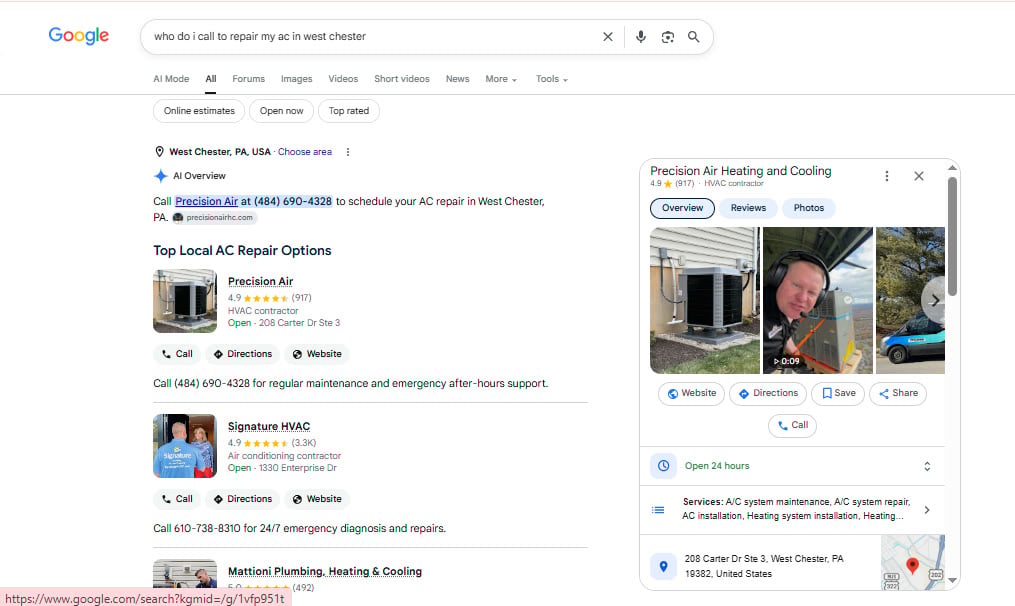 Screenshot of a Google results page for the query who do i call to repair my ac in west chester. An AI Overview sits at the top of the results, naming one contractor with a phone number and a link to call for AC repair. Below it a Top Local AC Repair Options list shows three HVAC businesses with their star ratings, review counts, opening status, and Call, Directions, and Website buttons. A business profile panel on the right carries photos, an Open 24 hours row, a services row, and a street address with a map.