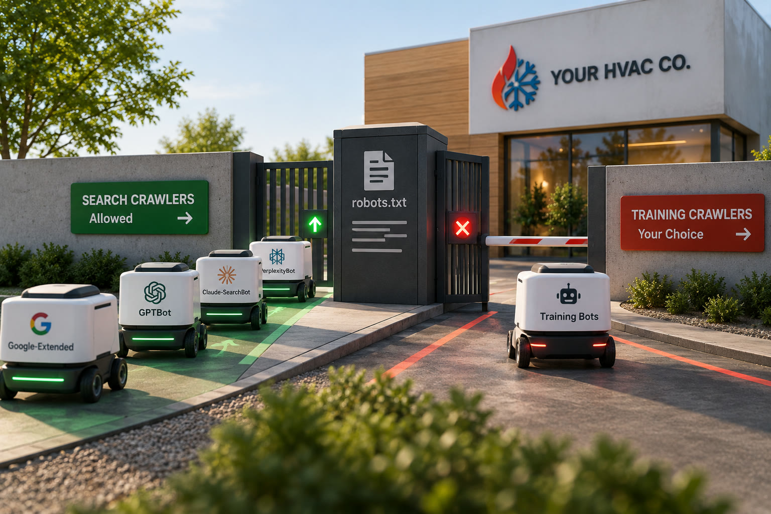 A robots.txt gate outside an HVAC company office: branded crawler robots roll through a green lane signed Search Crawlers Allowed, while a Training Bots robot waits at a red barrier signed Training Crawlers, Your Choice.