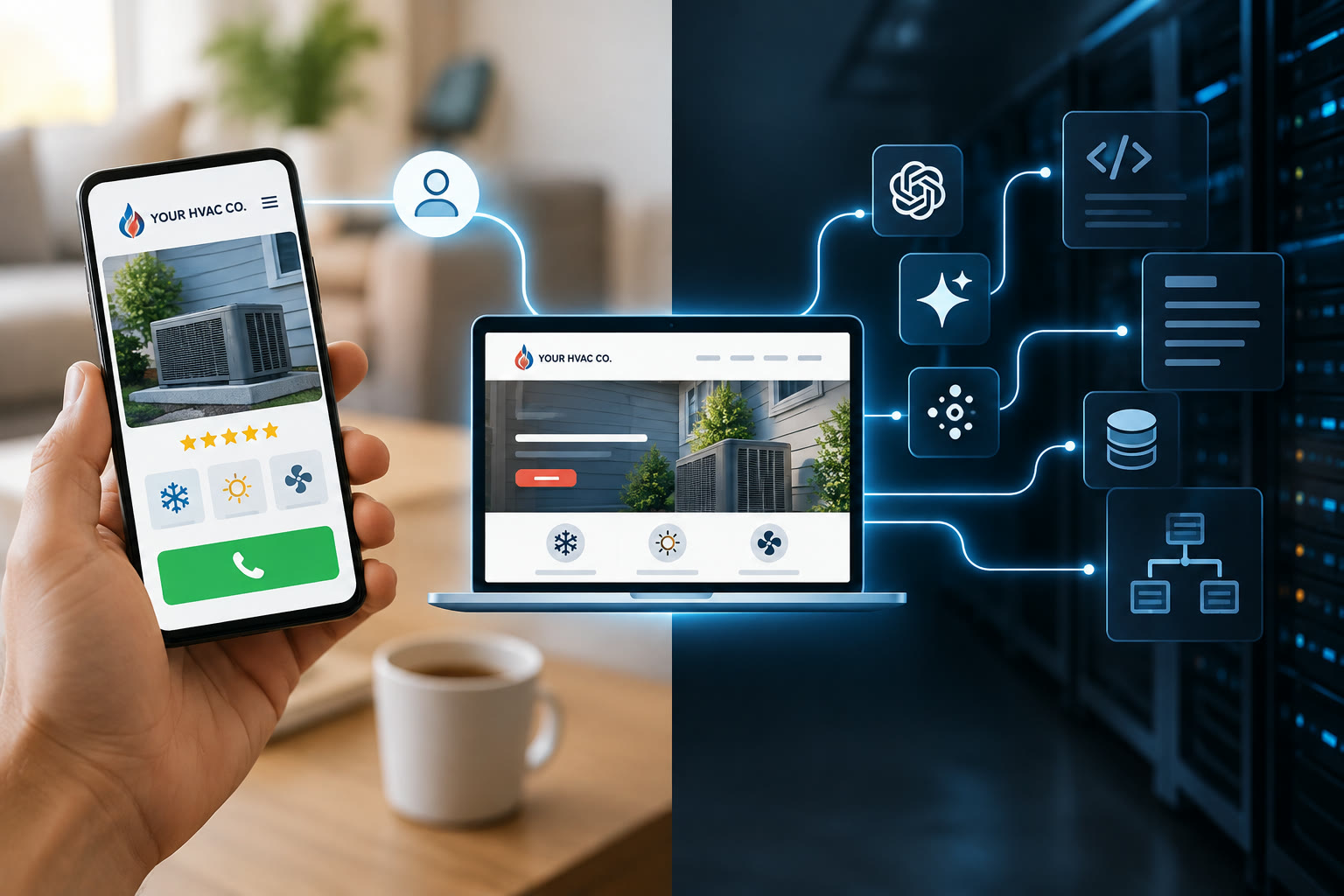 One HVAC company website and its two readers: a homeowner's phone and a laptop showing the site's call button and service icons, and on the right the same site wired to AI assistant, code, document and database icons in a dark server room.