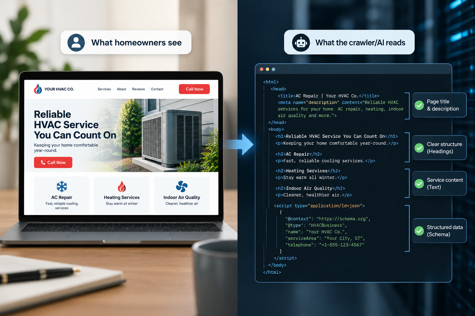 Side-by-side comparison of what homeowners see, an HVAC company homepage on a laptop with Call Now buttons and three service cards, and what a crawler or AI reads, the same page as HTML with its title, description, headings, service text and schema markup each ticked.
