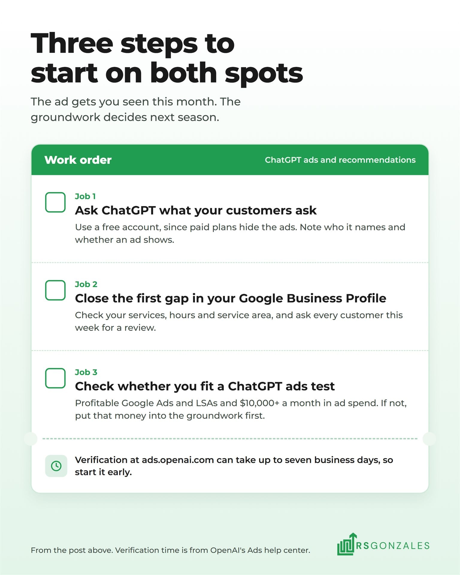A work order with three jobs: ask ChatGPT what customers ask, close the first Google Business Profile gap, and check whether you fit a ChatGPT ads test.