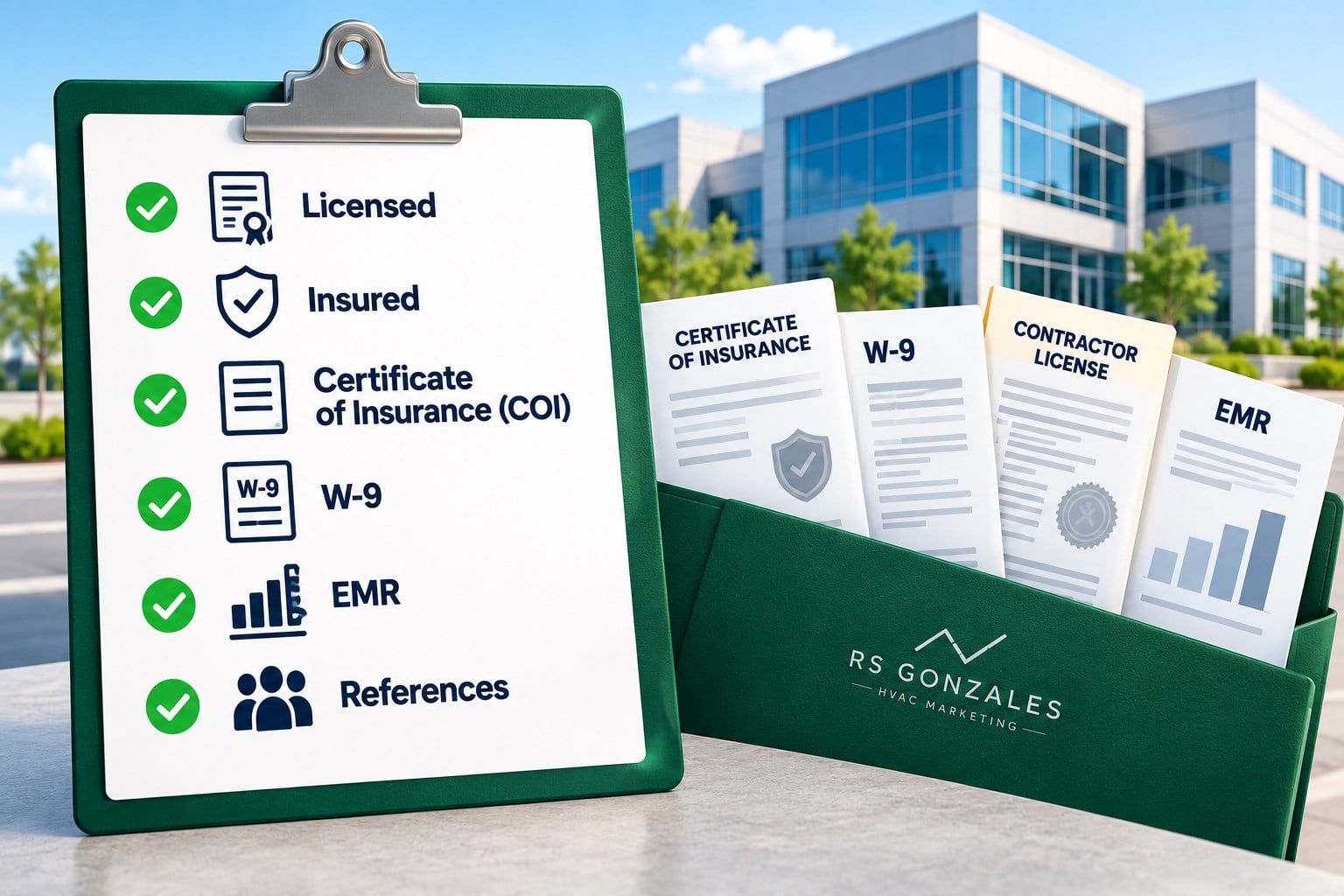 A clipboard checklist: licensed, insured, certificate of insurance (COI), W-9, EMR, references, beside a folder holding a certificate of insurance, a W-9, a contractor license and an EMR.