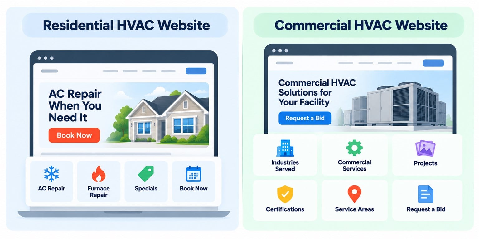 A residential HVAC website built around AC repair and booking, beside a commercial HVAC website built around requesting a bid, industries served, commercial services, projects, certifications and service areas.