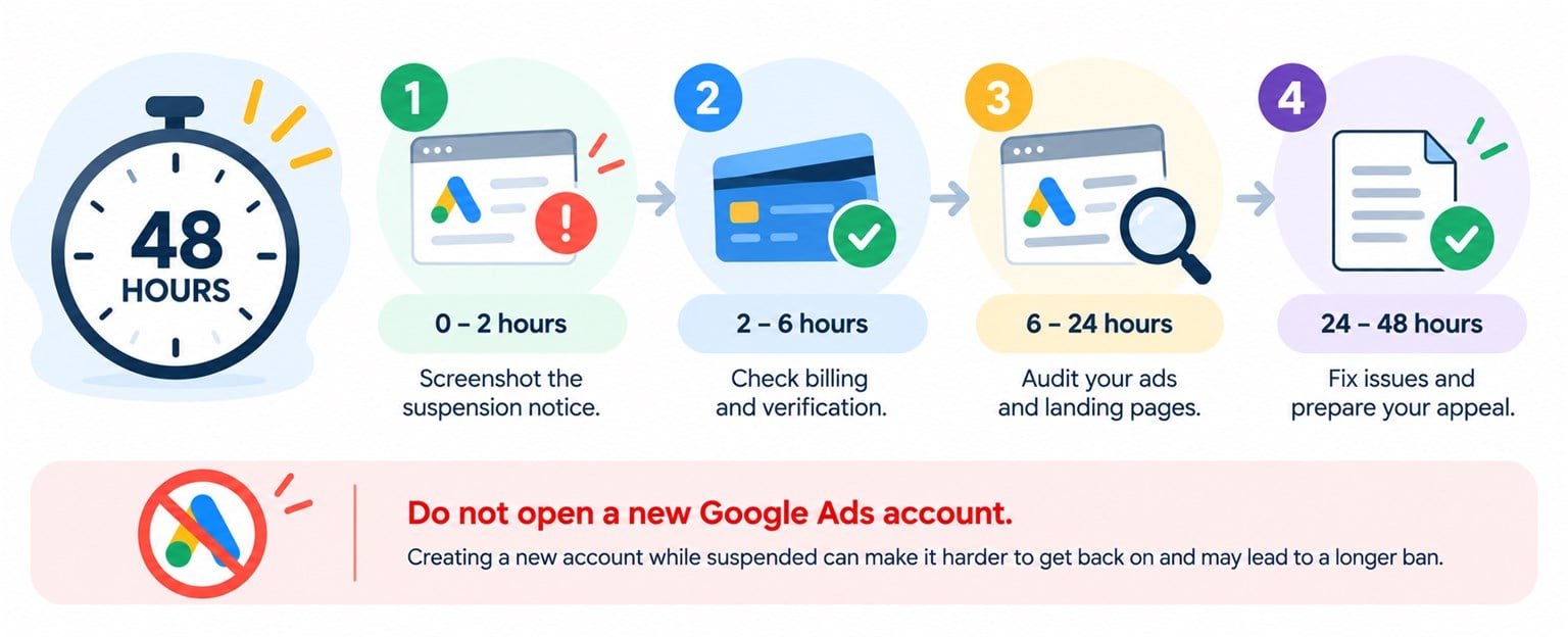The first 48 hours: screenshot the suspension notice, check billing and verification, audit your ads and landing pages, then fix the issues and prepare your appeal. Do not open a new Google Ads account.