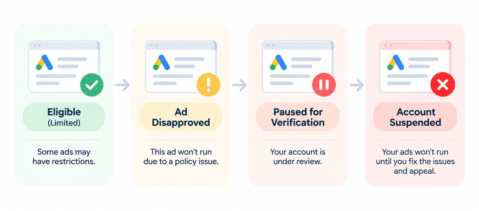 Four Google Ads statuses: eligible (limited), some ads may have restrictions; ad disapproved, the ad won&rsquo;t run due to a policy issue; paused for verification; account suspended, your ads won&rsquo;t run until you fix the issues and appeal.