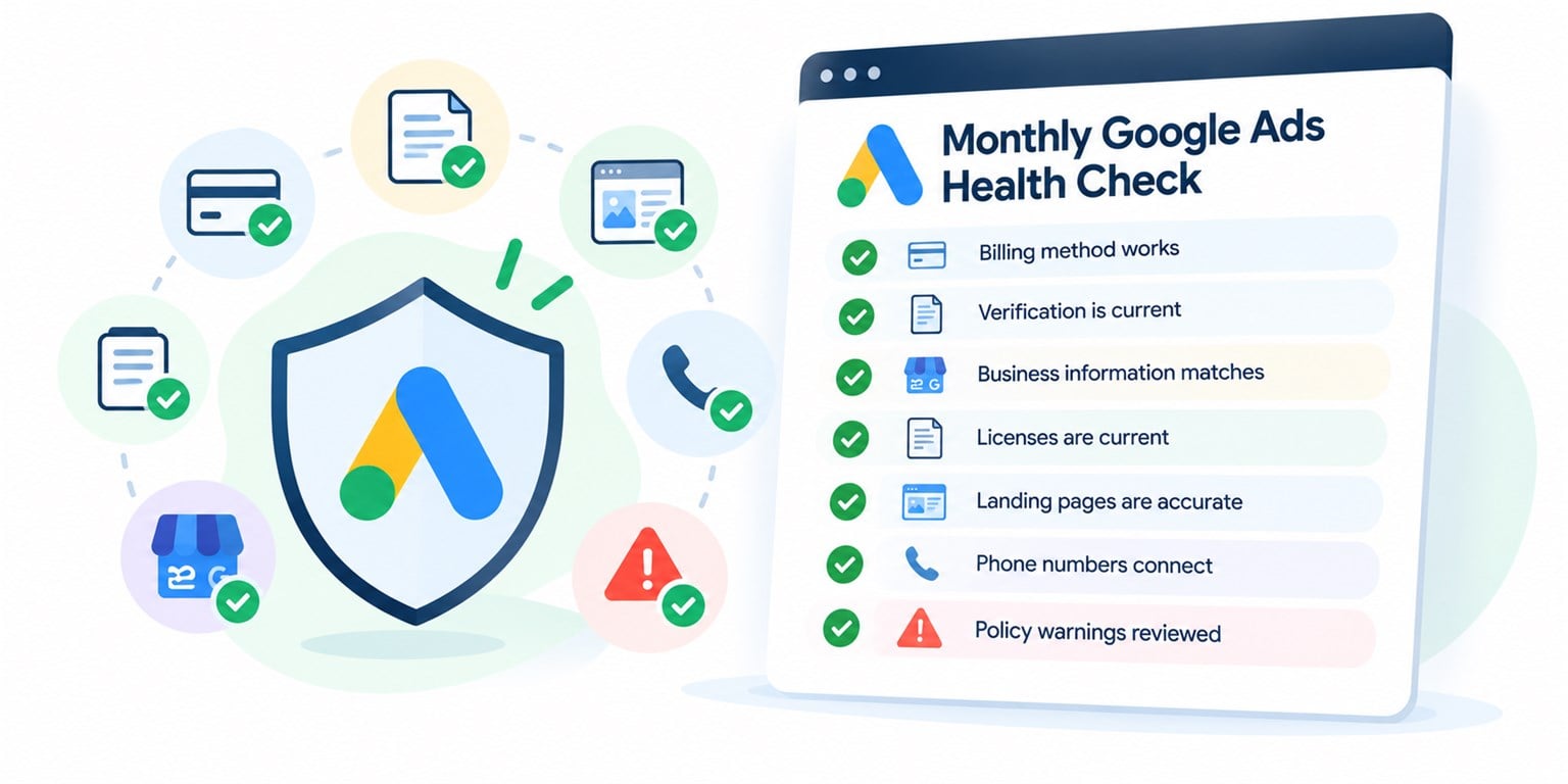 A monthly Google Ads health check: billing method works, verification is current, business information matches, licenses are current, landing pages are accurate, phone numbers connect, policy warnings reviewed.