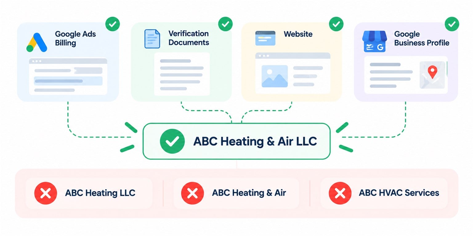 One legal name across Google Ads billing, verification documents, the website, and the Google Business Profile, with mismatched versions of the name crossed out.