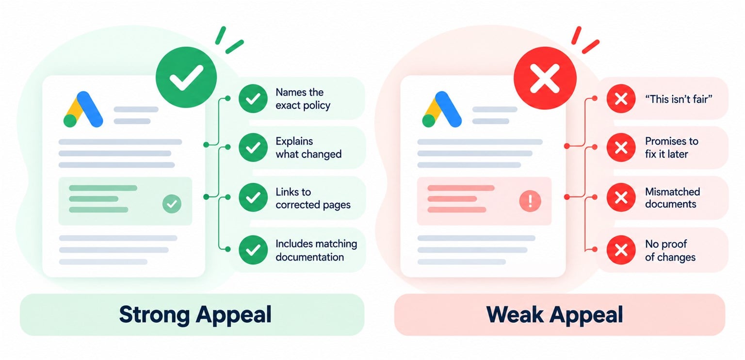 A strong appeal names the exact policy, explains what changed, links to corrected pages, and includes matching documentation. A weak appeal says this isn&rsquo;t fair, promises to fix it later, sends mismatched documents, and shows no proof of changes.
