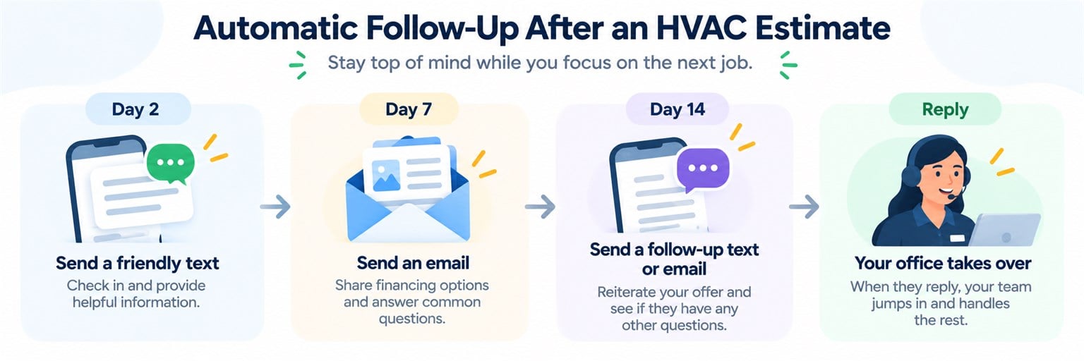 Automatic follow-up after an HVAC estimate: day 2, a friendly text; day 7, an email with financing options; day 14, a follow-up text or email; when they reply, your office takes over.
