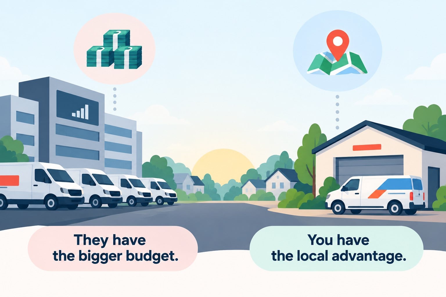 A corporate office with a fleet of vans beside a local shop with one van. They have the bigger budget. You have the local advantage.