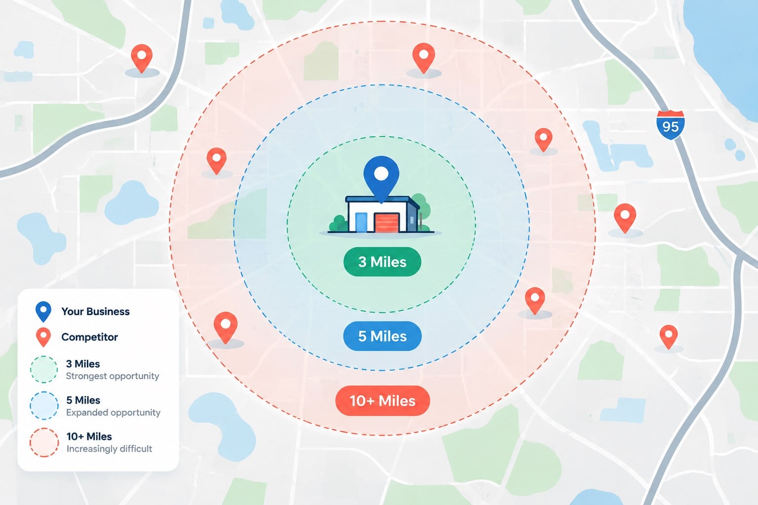 A map with your business at the center and competitors around it: within 3 miles, strongest opportunity; 5 miles, expanded opportunity; 10+ miles, increasingly difficult.