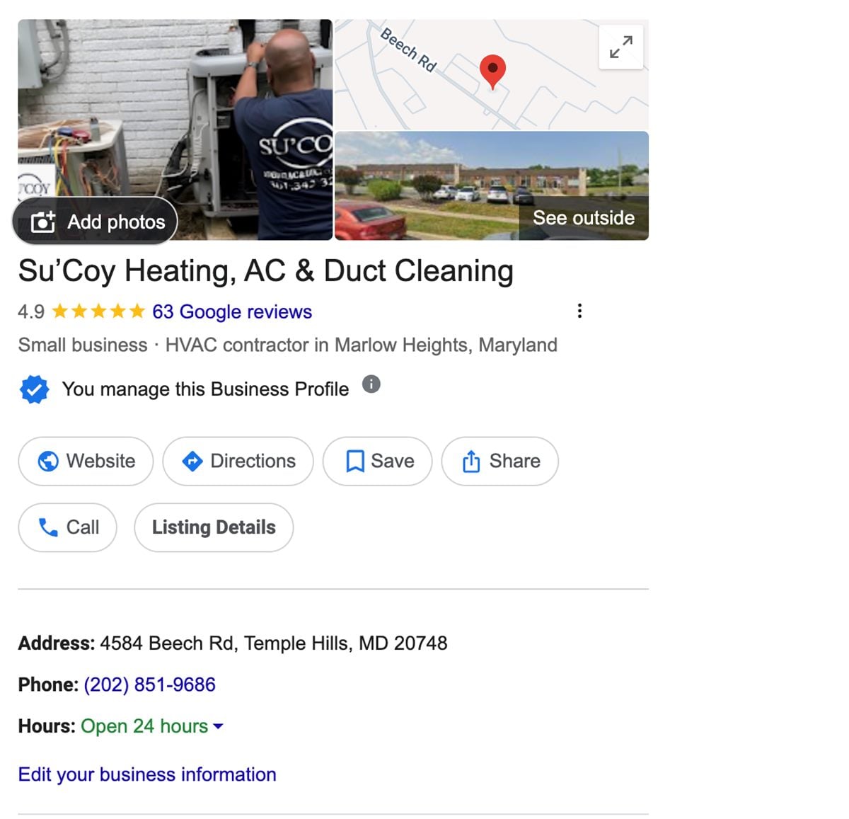 The second Google Business Profile for Su’Coy in Marlow Heights, Maryland, rated 4.9 from 63 Google reviews