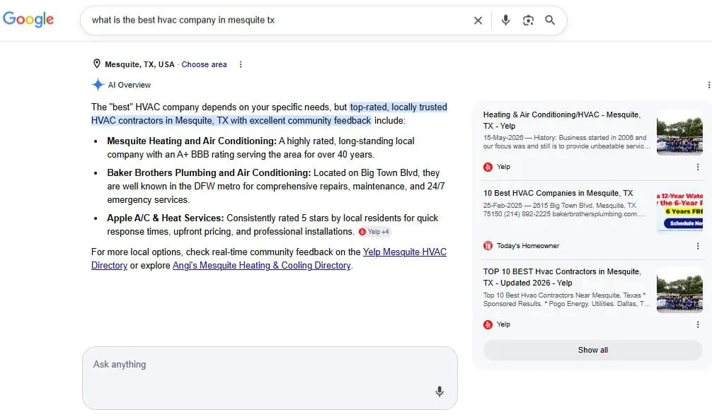 Google AI Overview answering 'best HVAC company in Mesquite TX' with Yelp directory citations