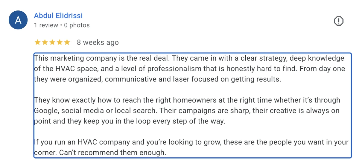 Google review of RS Gonzales by Abdul Elidrissi of Nero’s Heating & Air