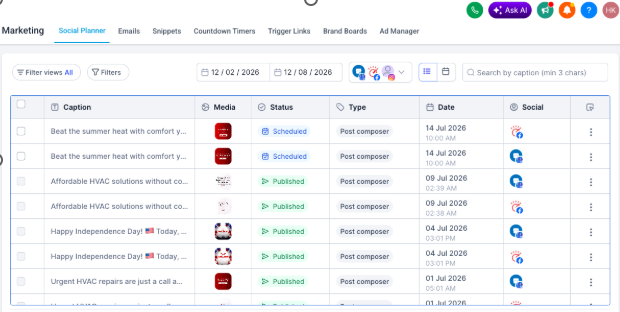 A real RS Gonzales social content calendar planning a month of HVAC posts