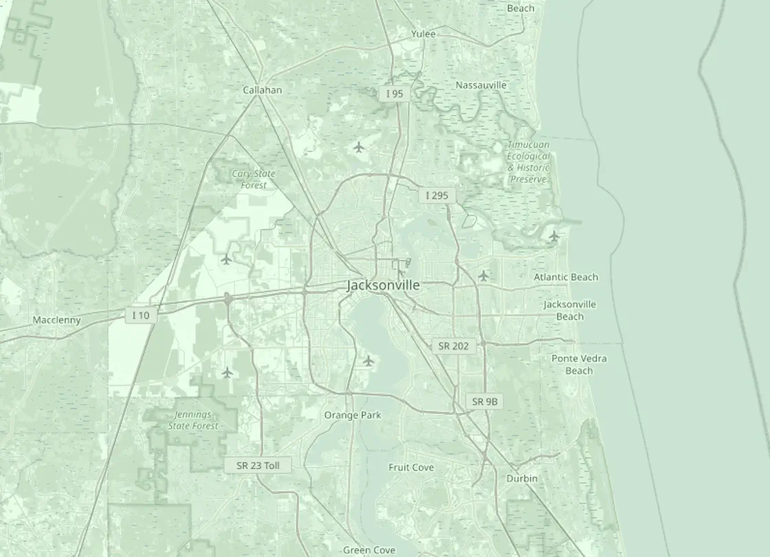 Coverage map of the Jacksonville HVAC service area, with Jacksonville and the nearby markets Jacksonville Beach, Orange Park, Ponte Vedra Beach, Middleburg, Yulee
