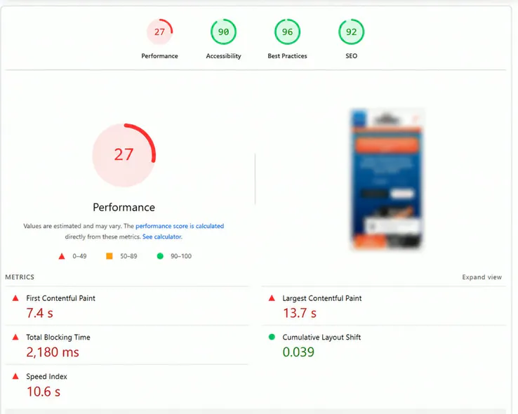 PageSpeed Insights report with Core Web Vitals scores for an HVAC website