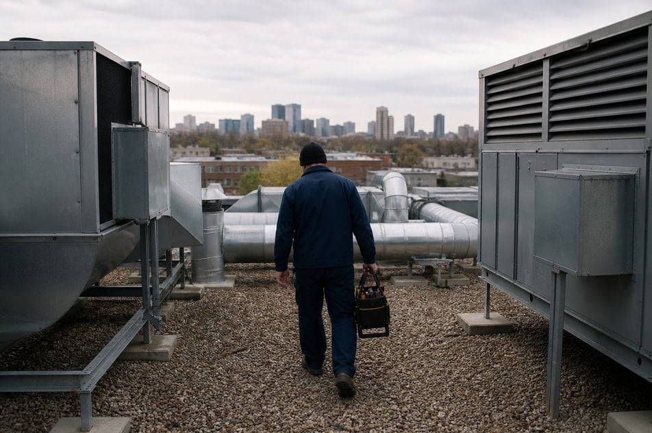 A technician with a clipboard inspecting pipework in a commercial boiler room.