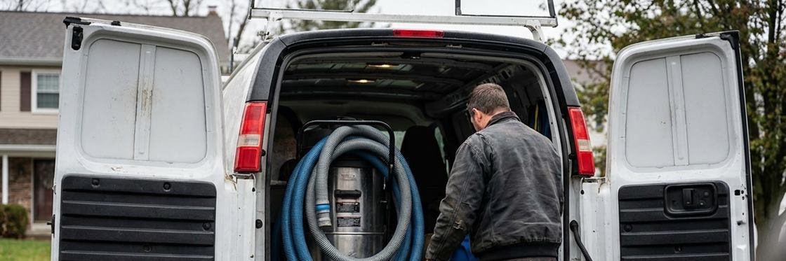 The open rear of a service van holding a truck-mount vacuum unit and coiled hoses.