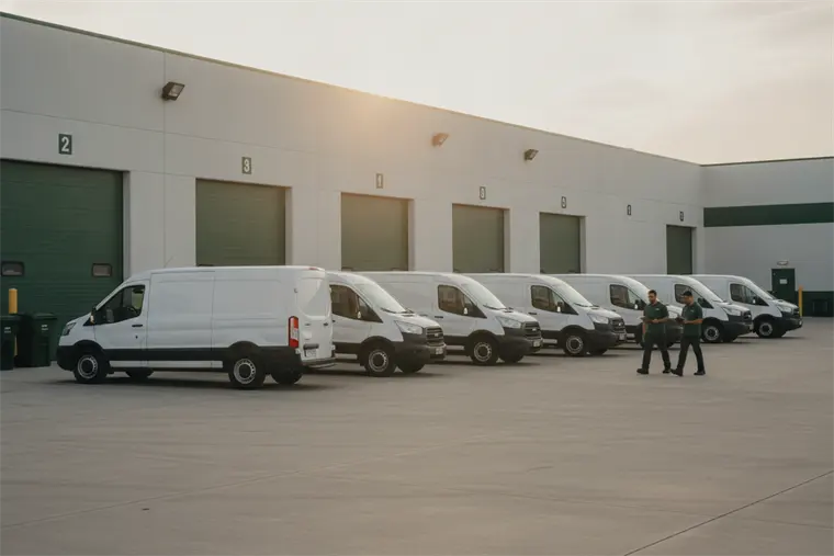 A row of identical white service vans lined up outside a fleet depot at dawn