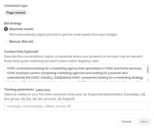 Context hints tell ChatGPT which conversations your ad belongs in