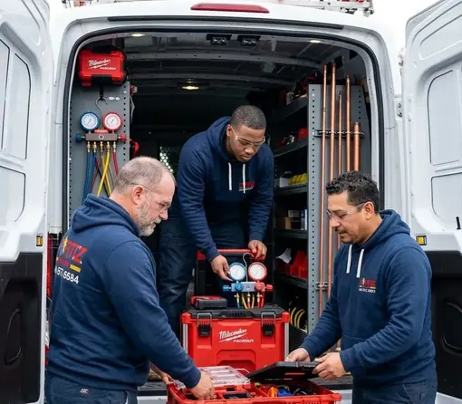 Three HVAC technicians working at the open rear of a service van stocked with tools and equipment
