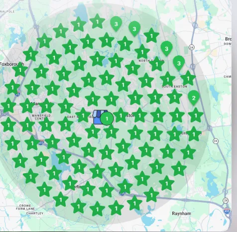 A local map-pack rank grid showing number-one rankings across the whole service radius