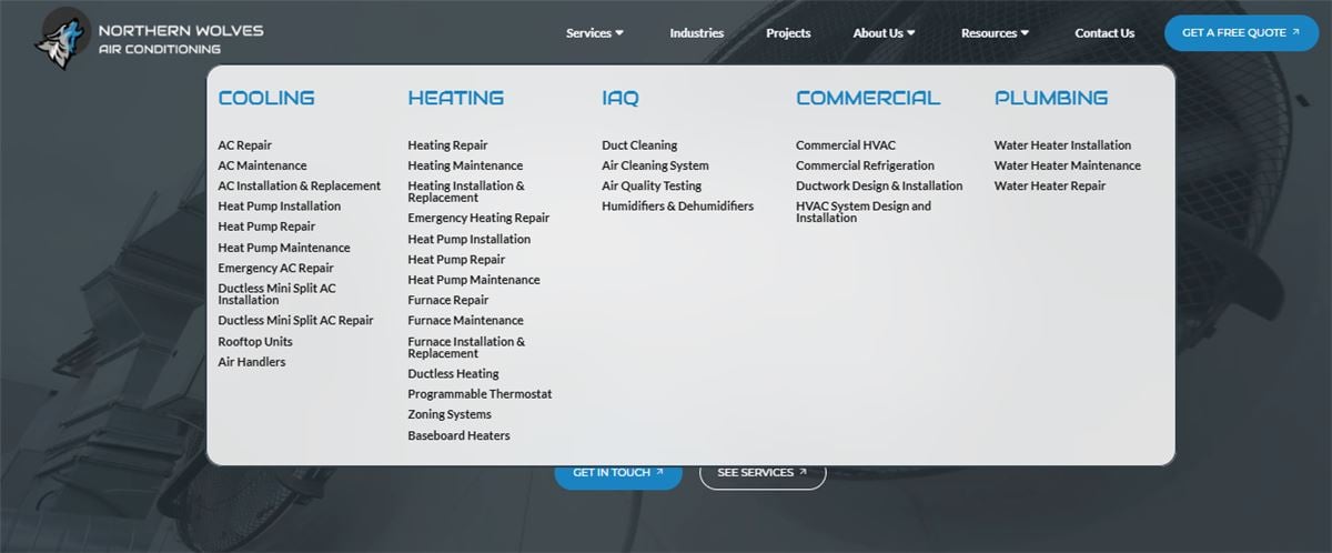 The Northern Wolves site with its Services menu open, showing five categories of commercial and residential HVAC service pages