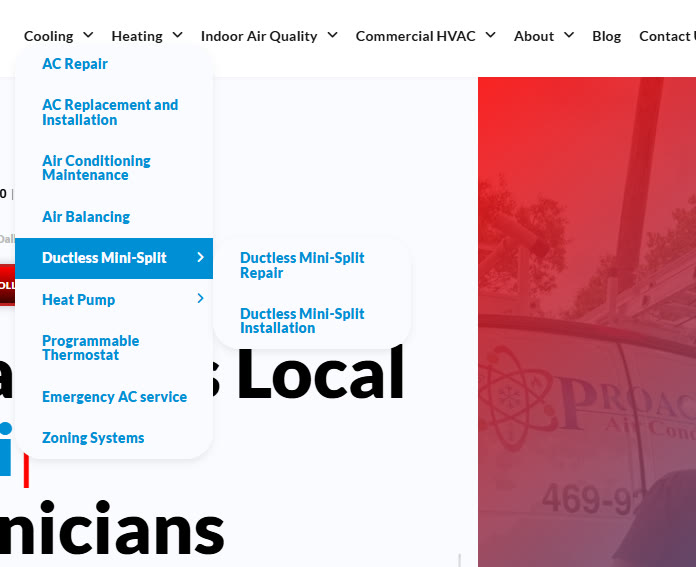 HVAC website navigation listing a dedicated page for every service from AC repair to ductless mini-splits
