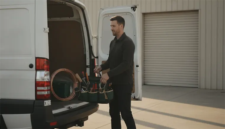 A young HVAC business owner loading a tool bag into the open rear doors of his service van