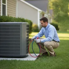 A residential HVAC technician checking gauges at an outdoor condenser unit