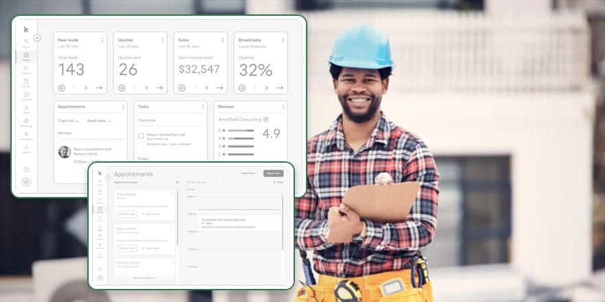 An HVAC technician on site, with the RS Gonzales HVAC CRM dashboard and its online booking screen shown alongside