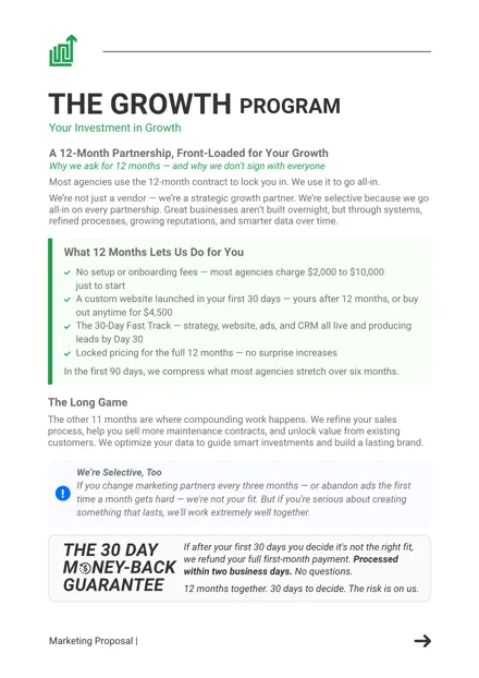 A proposal page titled The Growth Program, setting out the 12-month partnership and the 30-day money-back guarantee