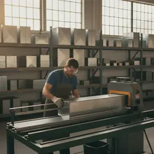 A fabricator bending galvanised sheet metal beside racks of finished duct