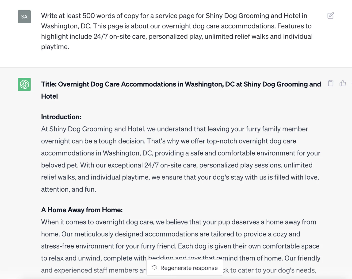 ChatGPT-crafted service page copy for 'Shiny Dog Grooming and Hotel' in Washington DC