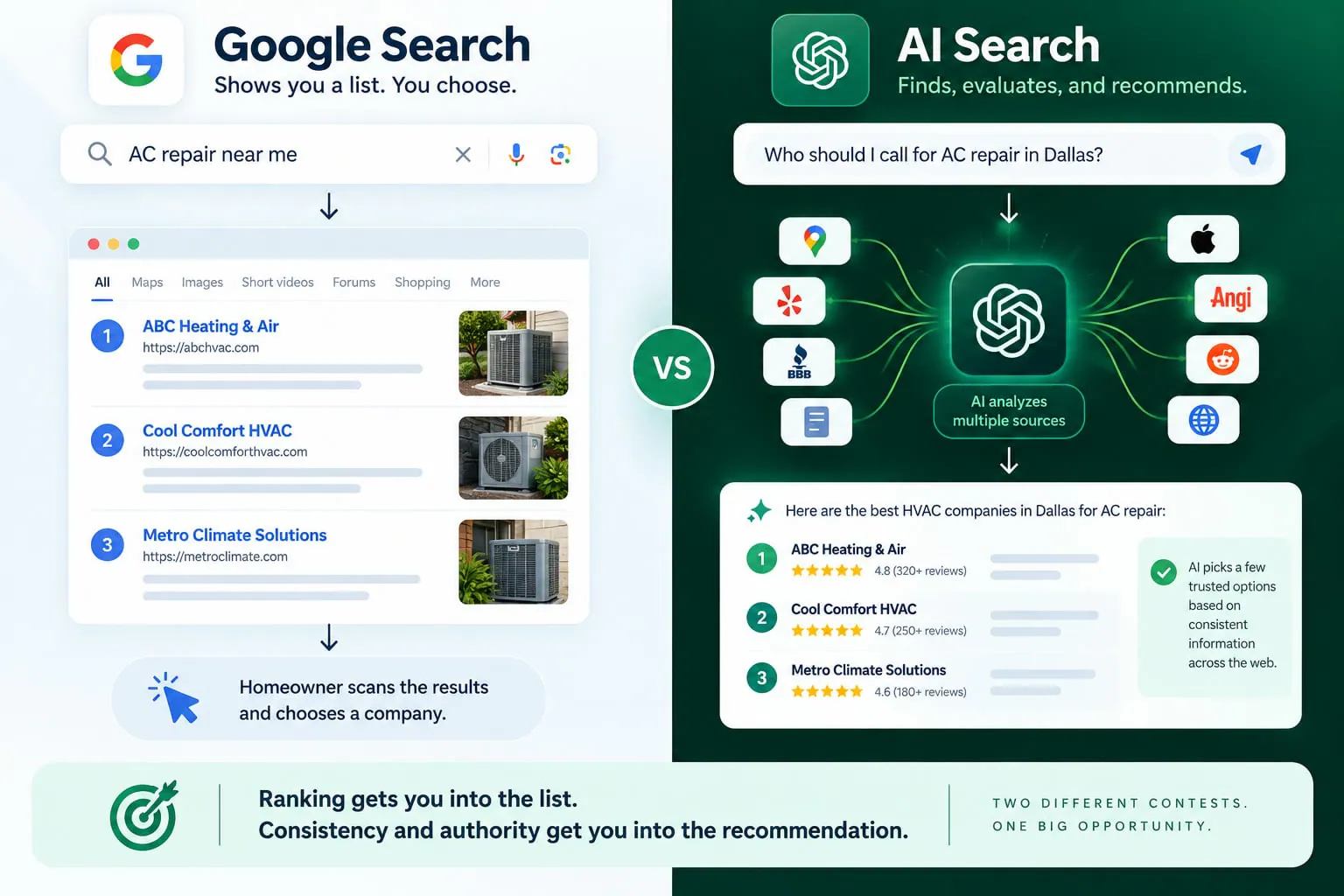 Comparison of two contests: Google Search answers an 'AC repair near me' search with a ranked list of three HVAC companies for the homeowner to scan, while an AI assistant asked who to call for AC repair checks maps, review sites, directories and forums before naming its own shortlist of three with their ratings.