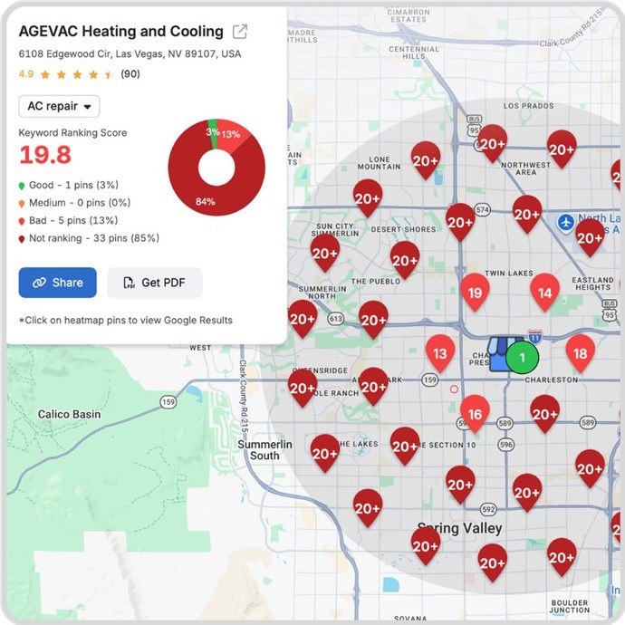HVAC keyword ranking heatmap showing Google search visibility around Las Vegas, Nevada.