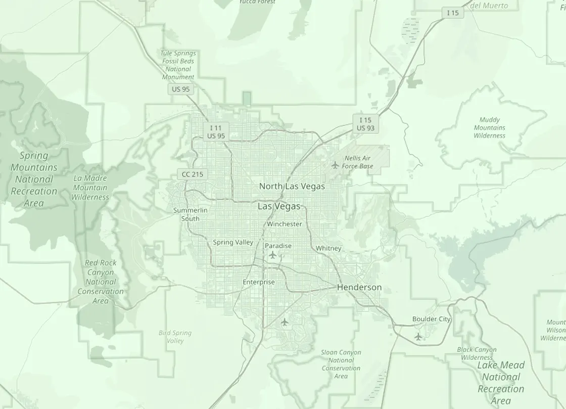 Coverage map of the Las Vegas HVAC service area, with Las Vegas and the nearby markets North Las Vegas, Summerlin, Henderson, Sunrise Manor, Boulder City