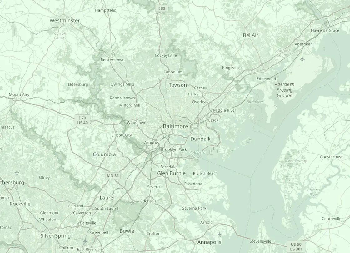 Coverage map of the Baltimore HVAC service area, with Baltimore and the nearby markets Towson, Dundalk, Ellicott City, Glen Burnie, Columbia