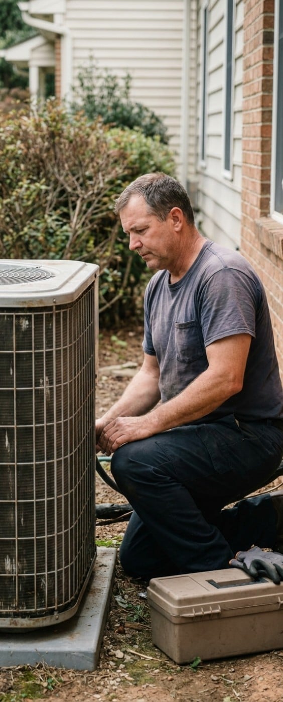 An HVAC technician crouching beside an outdoor condenser unit at the side of a home, checking its service valves