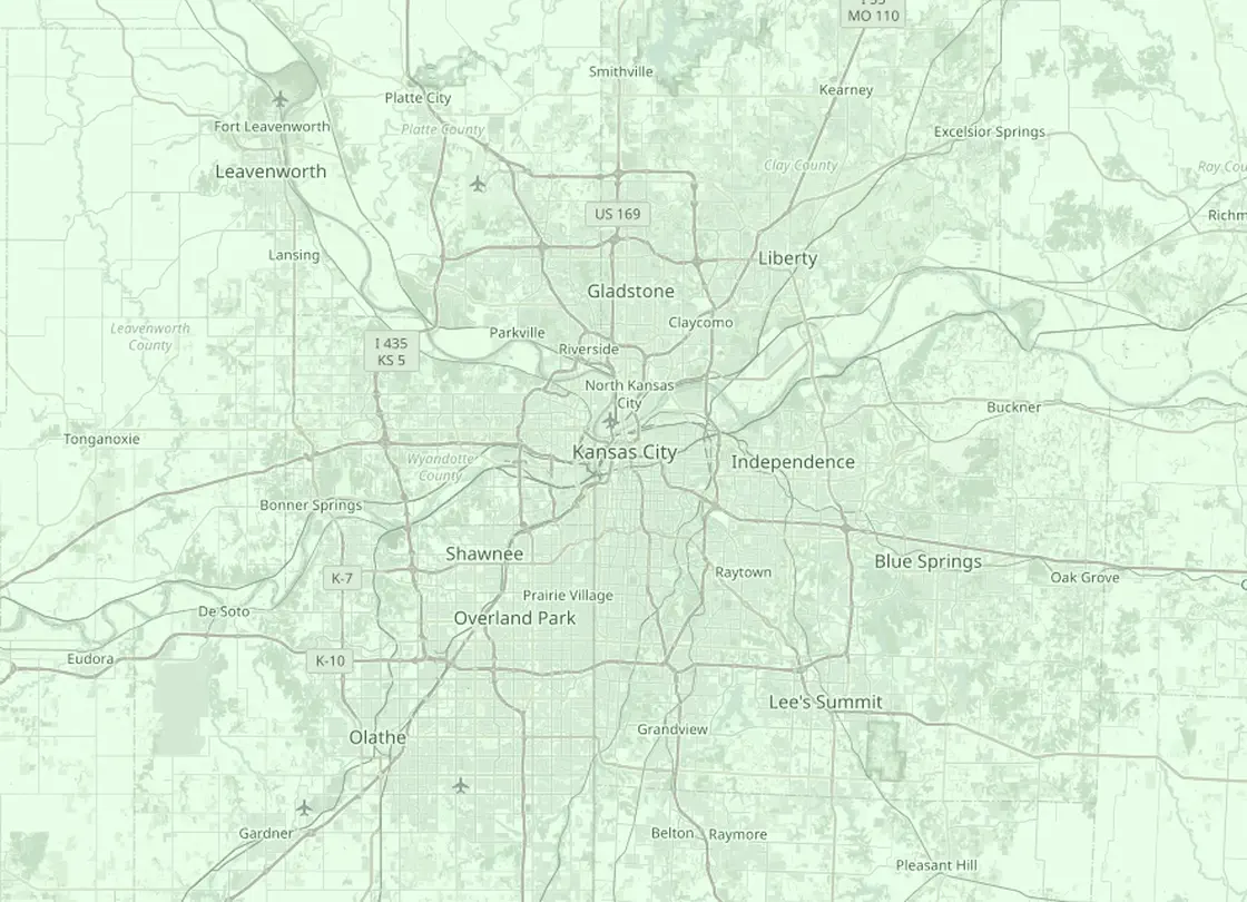 Coverage map of the Kansas City HVAC service area, with Kansas City and the nearby markets Overland Park, Independence, Liberty, Lee&rsquo;s Summit, Olathe
