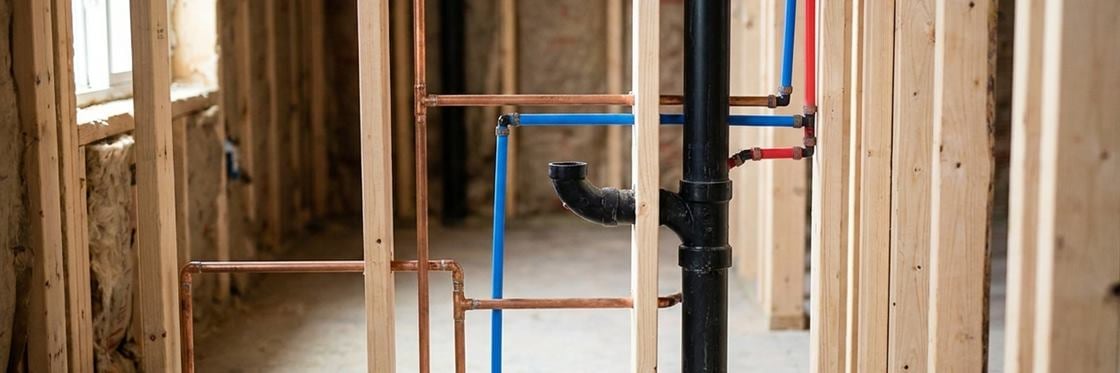 New copper and plastic water pipes and a drain stack running through open studs in a bathroom under construction.