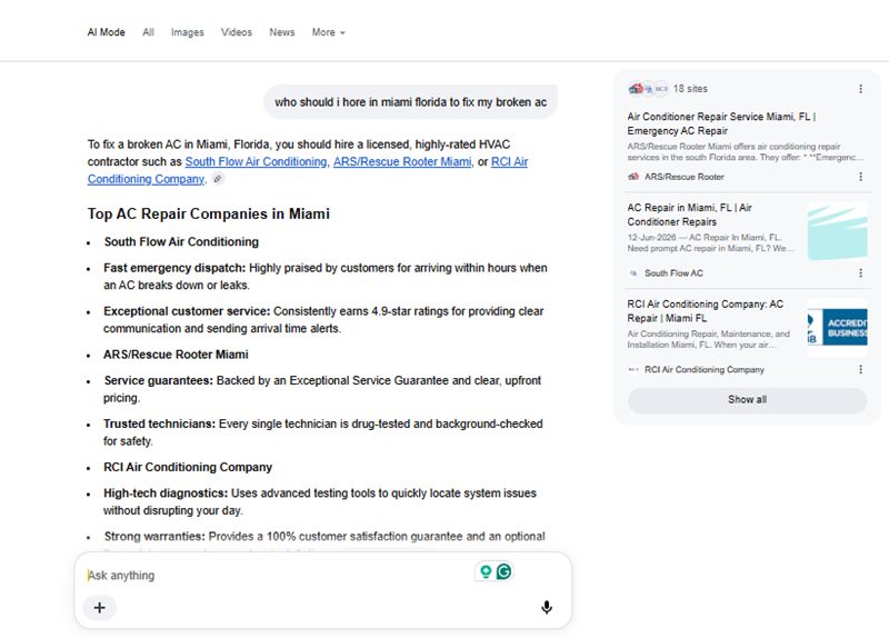 Google AI Mode recommending HVAC contractors
