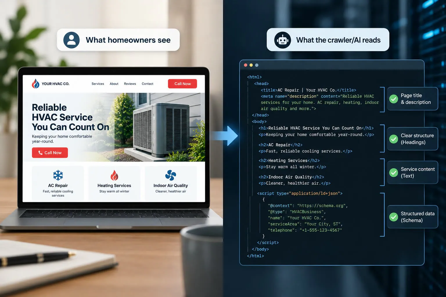 Side-by-side comparison of what homeowners see, an HVAC company homepage on a laptop with Call Now buttons and three service cards, and what a crawler or AI reads, the same page as HTML with its title, description, headings, service text and schema markup each ticked.