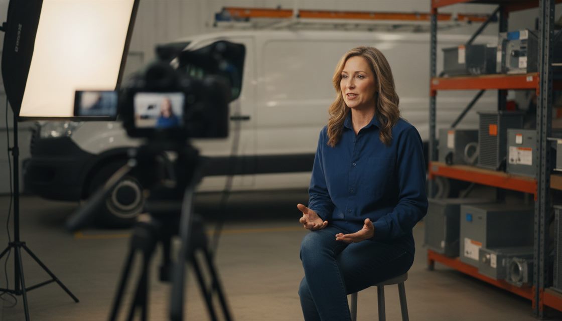 An HVAC contractor being interviewed on camera in her own service shop