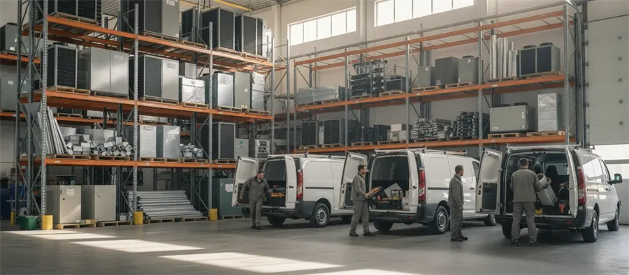 The inside of an established HVAC contractor’s warehouse bay, with racked equipment and several service vans being loaded