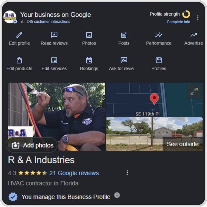 A Google Business Profile dashboard for an HVAC contractor, showing job photos, reviews and profile controls