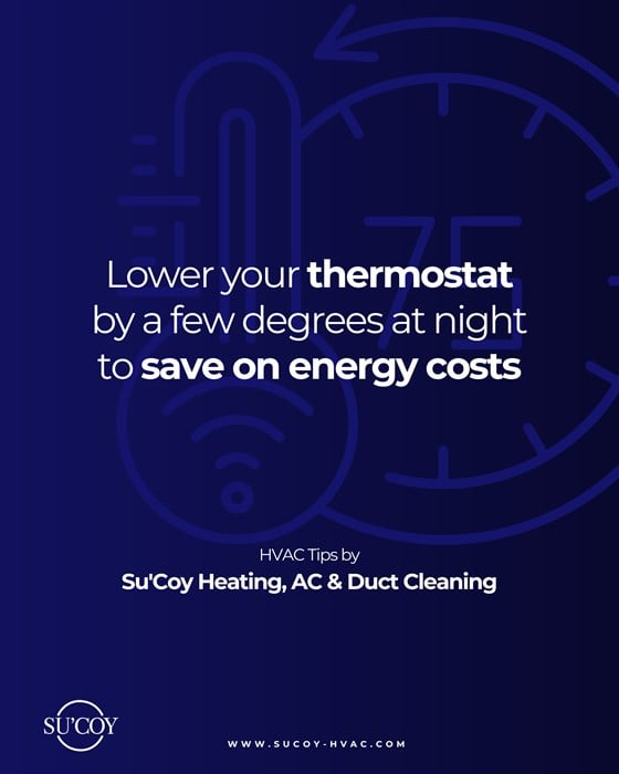 An HVAC tip post about lowering the thermostat at night to save on energy costs, built without photos